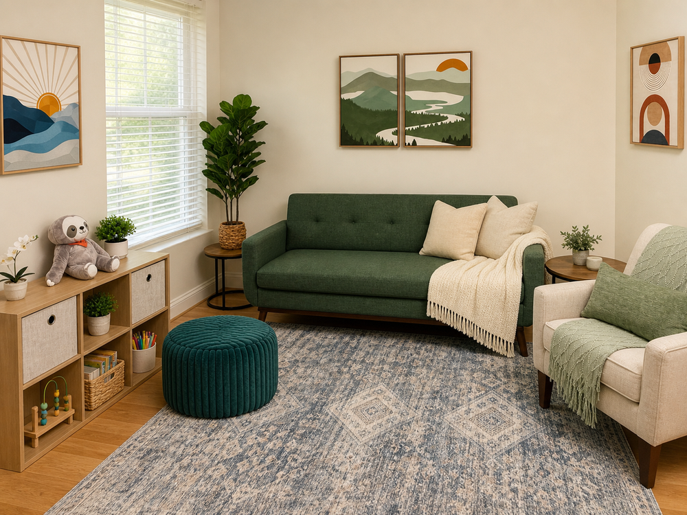A welcoming room with a green sofa, cream armchair, plants and children’s books